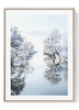 Snowy Winter Trees Reflection Art Print | Nordic Minimalist Misty River Decor