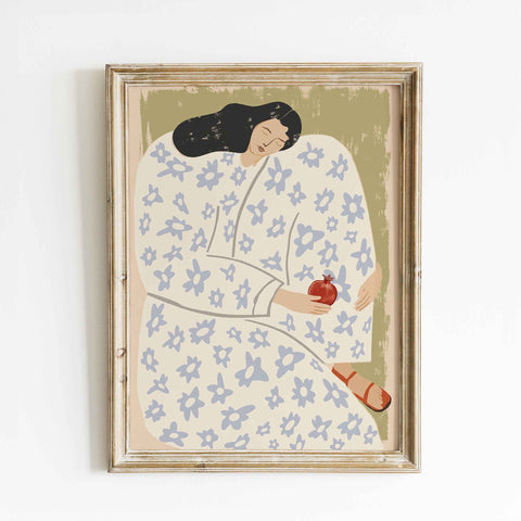 Pomegranate Woman Art Print, Mediterranean Feminine Wall Art, Boho Floral Illustration