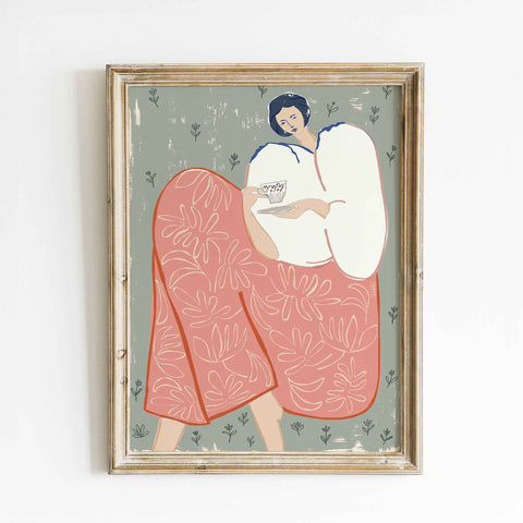 Woman with Tea Art Print, Feminine Illustration Wall Art, Modern Botanical Poster