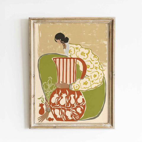 
Vintage-inspired folk art poster with pomegranate motifs and earthy colors

