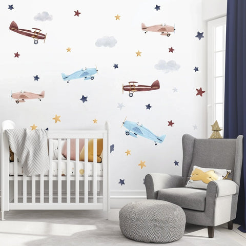 Watercolor Airplane and Stars Nursery Wall Decals | Kids Room Decor