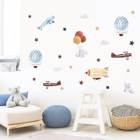 Watercolor Balloon, Rocket, and Elephant Nursery Wall Decals