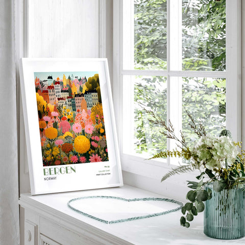 Bergen Wall Art Print – Colorful Norway City Poster, Scandinavian Floral Artwork, Nordic Wall Decor