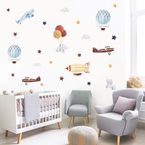Watercolor Balloon, Rocket, and Elephant Nursery Wall Decals