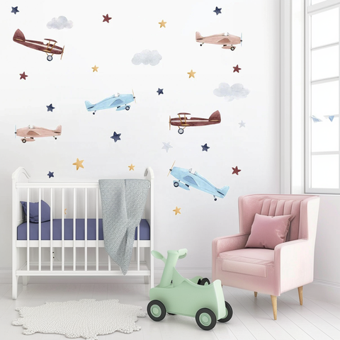 Watercolor Airplane and Stars Nursery Wall Decals | Kids Room Decor