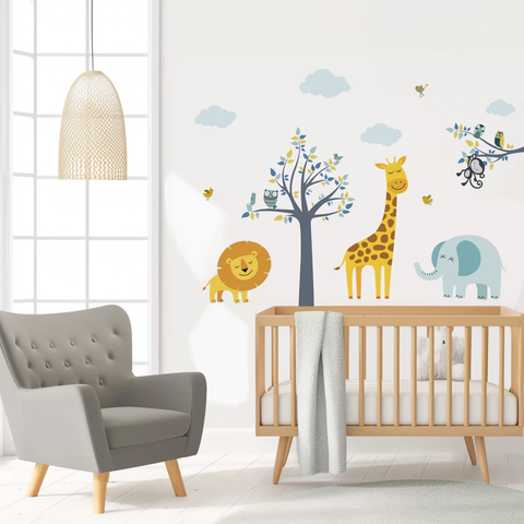 Cartoon Elephant Giraffe Wall Decal for Kids Room
