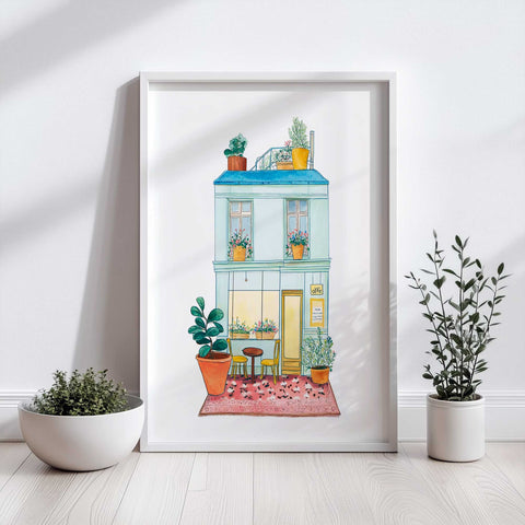 Charming Café Corner – Watercolor Print – Rooftop Garden Scene With Parisian Flair