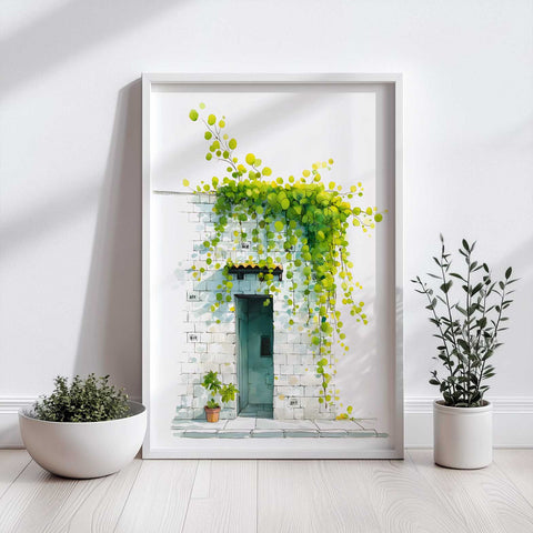 Mediterranean Vines Wall Art – Stone House & Green Foliage Watercolor Print