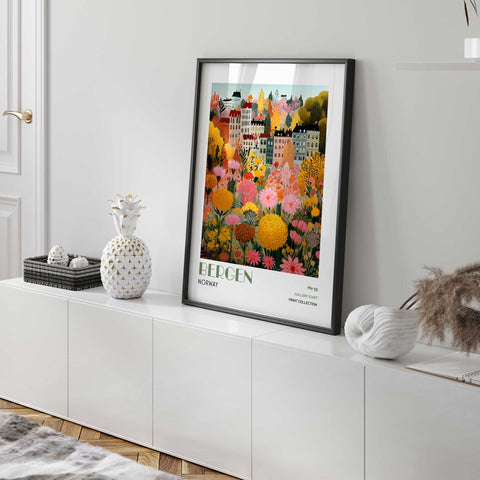 Bergen Wall Art Print – Colorful Norway City Poster, Scandinavian Floral Artwork, Nordic Wall Decor
