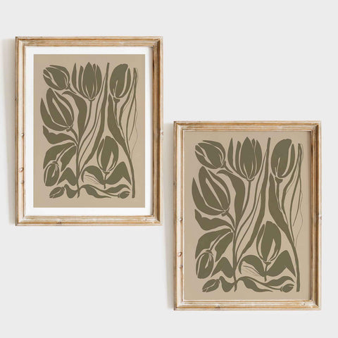 Contemporary tulip art print in warm beige and earthy green tones
