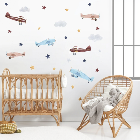 Watercolor Airplane and Stars Nursery Wall Decals | Kids Room Decor