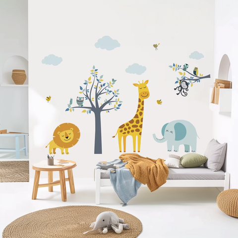 Cartoon Elephant Giraffe Wall Decal for Kids Room