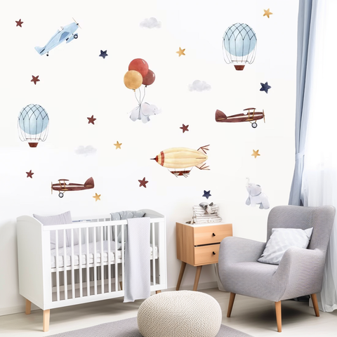 Watercolor Balloon, Rocket, and Elephant Nursery Wall Decals
