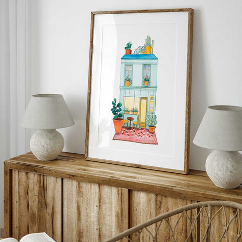 Charming Café Corner – Watercolor Print – Rooftop Garden Scene With Parisian Flair