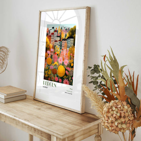 Bergen Wall Art Print – Colorful Norway City Poster, Scandinavian Floral Artwork, Nordic Wall Decor