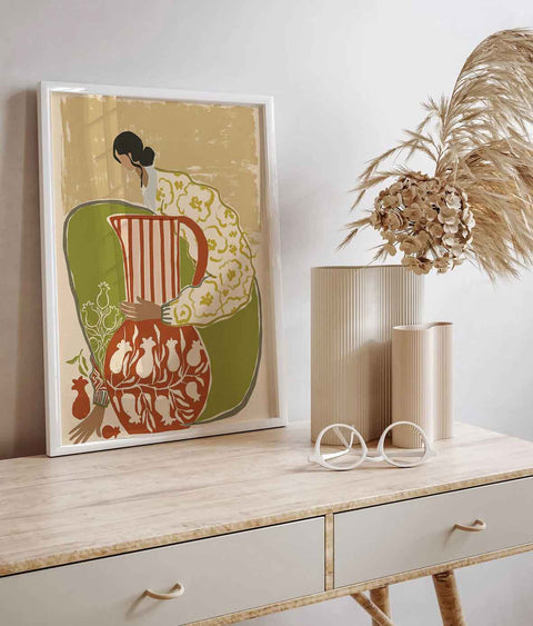 
Pomegranate botanical art print in olive green, cream, and terracotta
