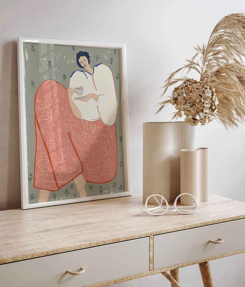 Woman with Tea Art Print, Feminine Illustration Wall Art, Modern Botanical Poster