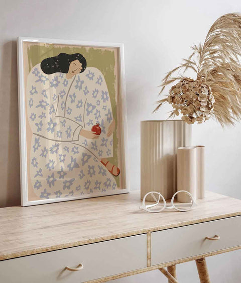 Boho floral wall art featuring a woman in a patterned dress
