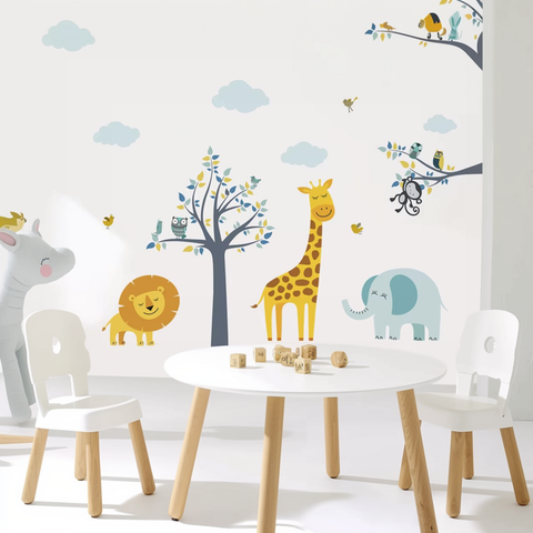 Cartoon Elephant Giraffe Wall Decal for Kids Room