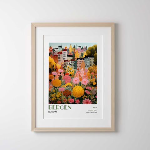 Bergen Wall Art Print – Colorful Norway City Poster, Scandinavian Floral Artwork, Nordic Wall Decor