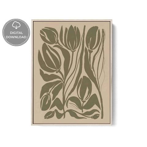
Modern botanical poster with stylized flowers in muted olive green

