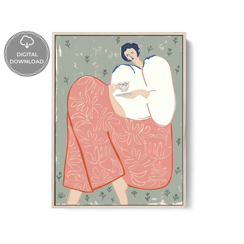 Woman with Tea Art Print, Feminine Illustration Wall Art, Modern Botanical Poster