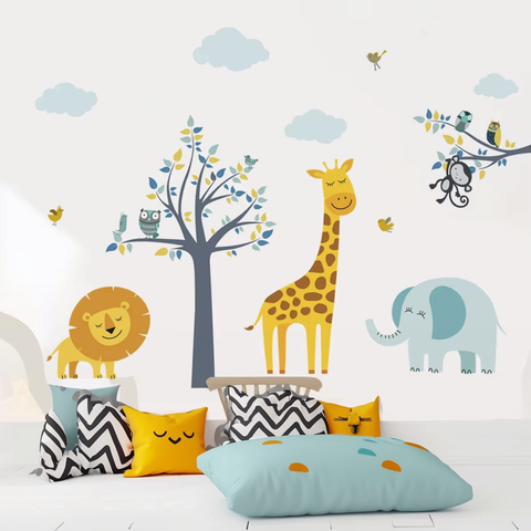Cartoon Elephant Giraffe Wall Decal for Kids Room