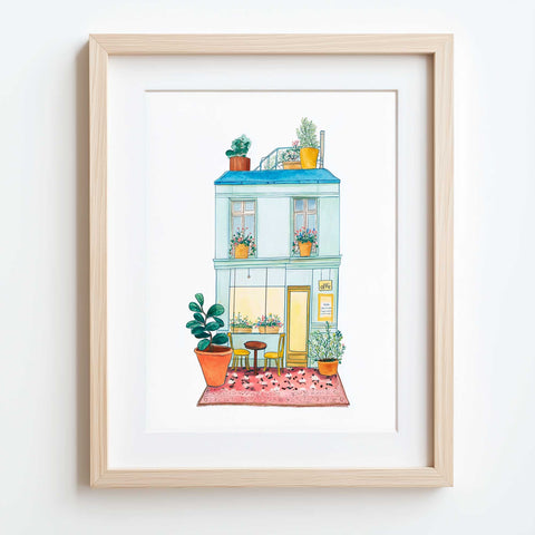 Charming Café Corner – Watercolor Print – Rooftop Garden Scene With Parisian Flair
