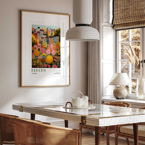 Bergen Wall Art Print – Colorful Norway City Poster, Scandinavian Floral Artwork, Nordic Wall Decor