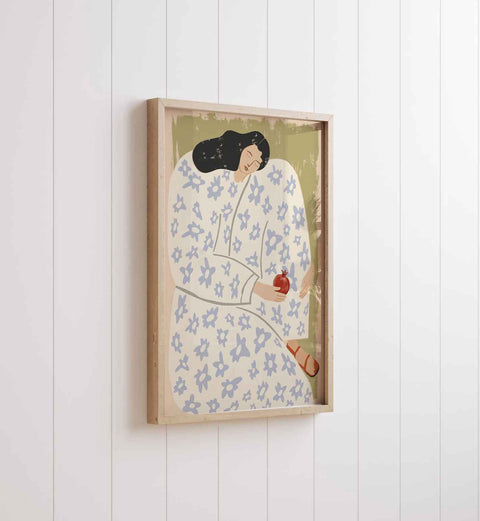 Woman resting in a floral dress in an earthy-toned art print

