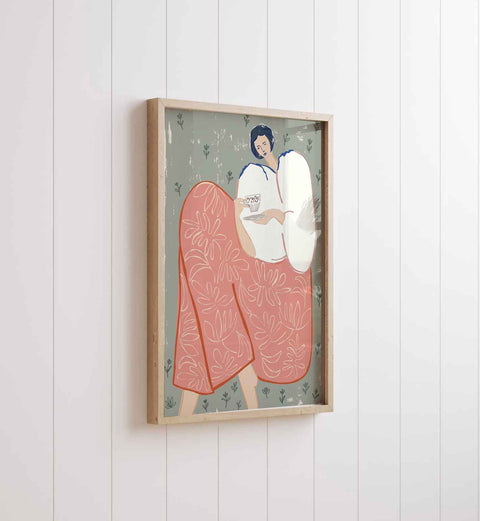 Woman with Tea Art Print, Feminine Illustration Wall Art, Modern Botanical Poster