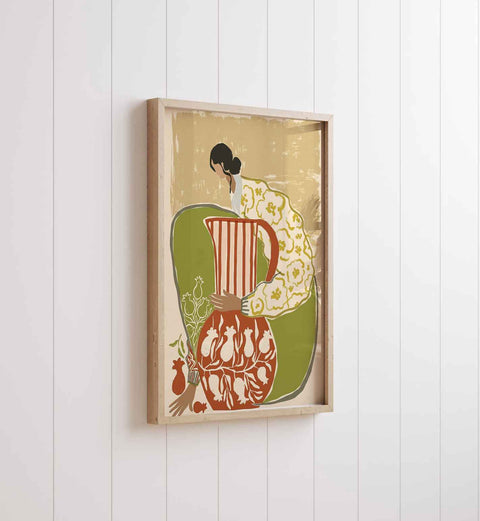 
Contemporary folk illustration of a woman holding a decorative ceramic pitcher
