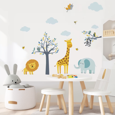 Cartoon Elephant Giraffe Wall Decal for Kids Room