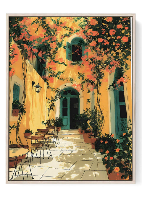Yellow Courtyard Watercolor Print – Mediterranean Flowered Patio