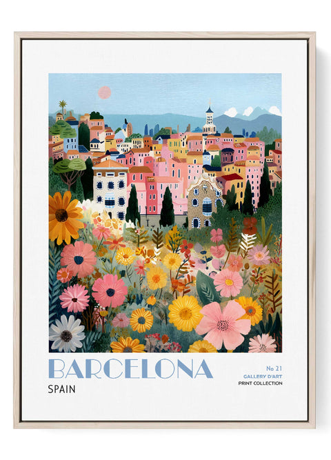 Barcelona Cityscape Wall Art Print – Colorful Spain Architecture with Flowers – Gallery D’Art Collection