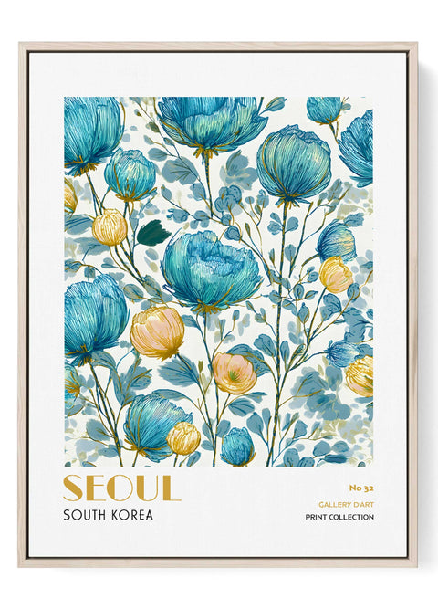 Seoul Wall Art Print – Floral Blue and Gold Poster, Modern South Korea-Inspired Artwork for Elegant Living Room and Contemporary Gallery Wall