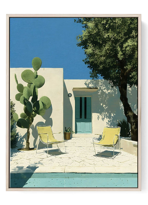 Mediterranean Patio Wall Art Print – Modern Minimalist Poster, Cactus and Pool Artwork,