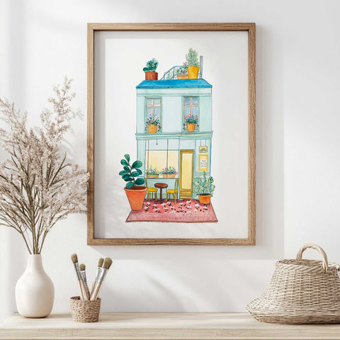 Charming Café Corner – Watercolor Print – Rooftop Garden Scene With Parisian Flair