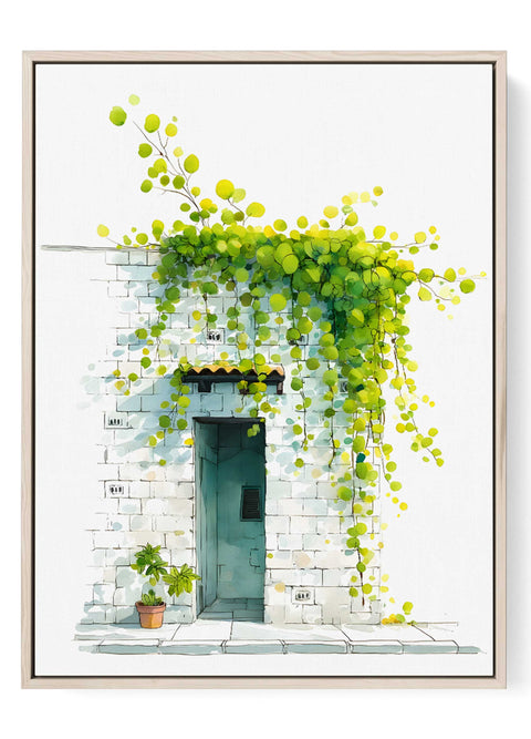 Mediterranean Vines Wall Art – Stone House & Green Foliage Watercolor Print
