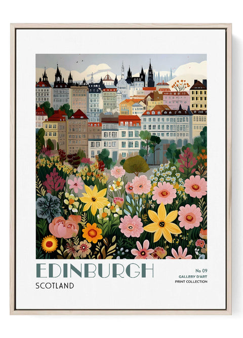 Edinburgh Wall Art Print – Colourful Scottish Cityscape with Garden Flowers