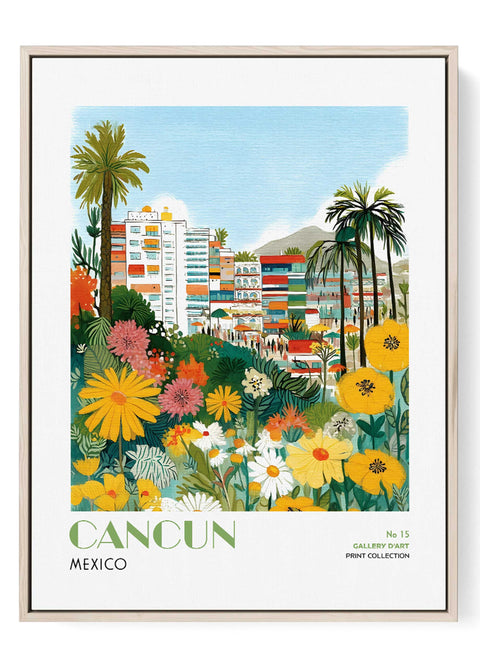 Cancun Wall Art Print – Colorful Coastal Cityscape with Tropical Flowers