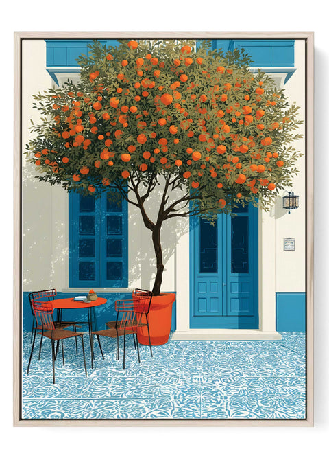 Mediterranean Courtyard Wall Art Print – Blue Door Poster, Orange Tree Artwork