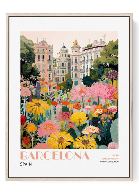 Barcelona Wall Art Print – Spanish Cityscape with Colorful Floral Garden