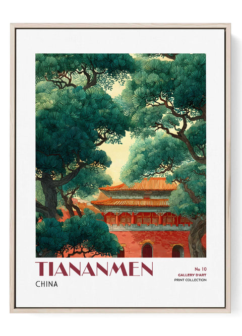 Tiananmen Wall Art Print – Chinese Architecture with Pine Trees Illustration