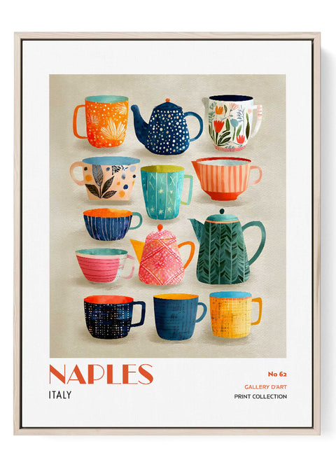 Naples Wall Art Print – Colorful Kitchen Poster, Italian Teapot and Mug Artwork,