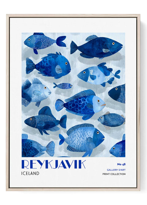 Reykjavik Wall Art Print – Blue Fish Ocean Poster, Nordic Coastal Decor, Iceland Marine Illustration