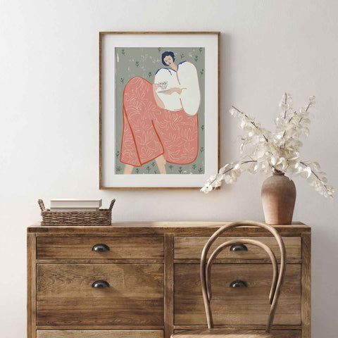 Woman with Tea Art Print, Feminine Illustration Wall Art, Modern Botanical Poster