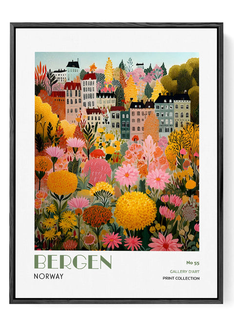 Bergen Wall Art Print – Colorful Norway City Poster, Scandinavian Floral Artwork, Nordic Wall Decor
