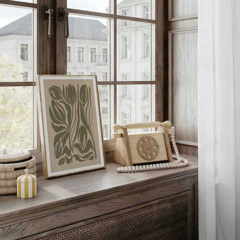 
Abstract tulip wall art with organic leaves and earthy neutral colors
