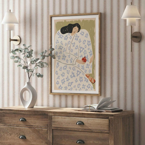 Botanical-inspired woman illustration with blue floral patterns

